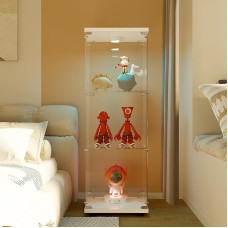 BursDany Glass Display Cabinet with LED, Modern Display Cabinet with 3 Shelves Made of ESG Glass, Collector's Display Case for Bar, Living Room, 125 x 42 x 36 cm, White