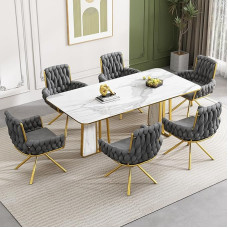 Merax Velvet Swivel Dining Room Chairs, Set of 6, Padded Kitchen Chairs with Armrests, Leisure Swivel Chair with Metal Support Legs, for Dining Room, Living Room, Office, Grey