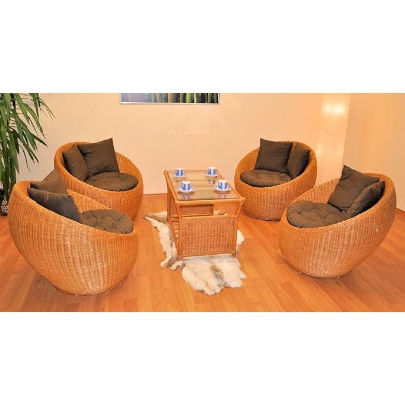 Gen Tong Wicker Furniture, Wicker and Rattan Table Honey-Coloured, Set of 4 Rattan Chair with Cushion