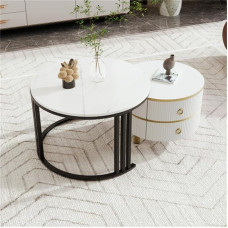 The Round Coffee Table Set with Marble Top and Black Metal Frame as well as a Sofa Side Table with 2 Drawers Perfect for Use in the Living Room (Colour: White Coffee Table + White)