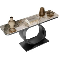 Vickyliou Entrance Table, Modern Console Table Made of Faux Marble with Round Base for the Living Room, Console Table with Storage (Black, L)