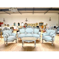 Sofa Set French Louis Style in White Retro Baroque Rococo Style Couch Set in White Faux Leather Silver Frame for Home Decor for Hotel Lobby Decor