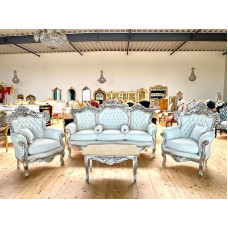 Sofa Set French Louis Style in White Retro Baroque Rococo Style Couch Set in White Faux Leather Silver Frame for Home Decor for Hotel Lobby Decor