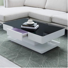 TUKAILAi High Gloss Coffee Table for Living Room Coffee Table with 2 Drawers Black Tempered Glass Table Top Rectangular Sofa Side Table for Home Office