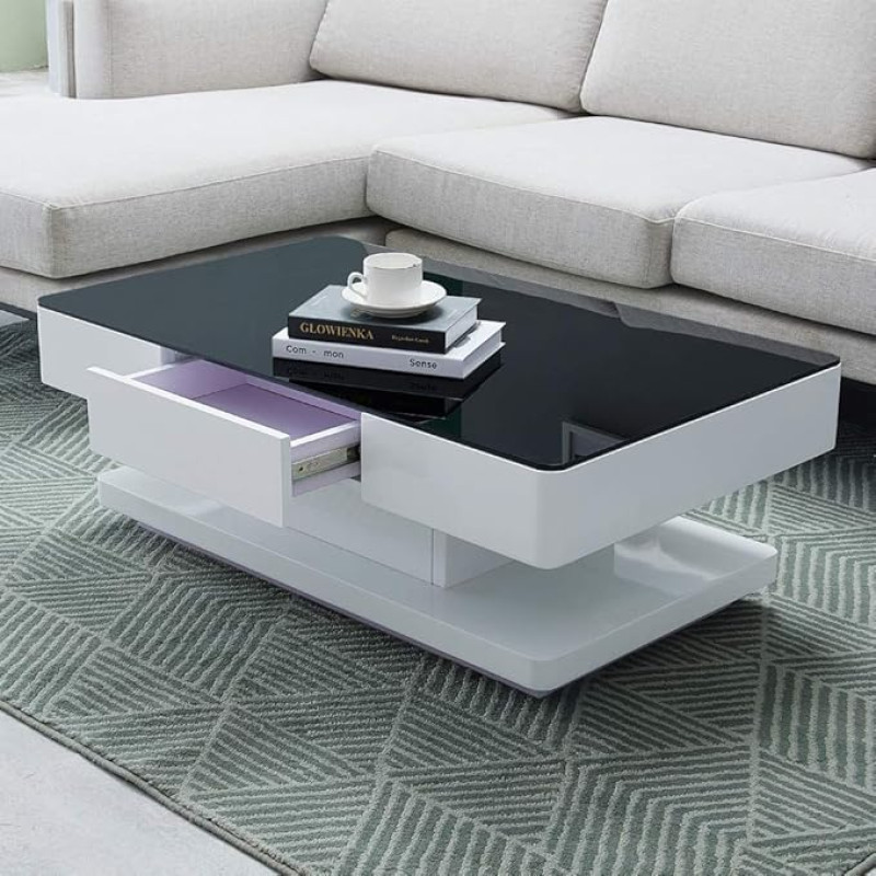 TUKAILAi High Gloss Coffee Table for Living Room Coffee Table with 2 Drawers Black Tempered Glass Table Top Rectangular Sofa Side Table for Home Office