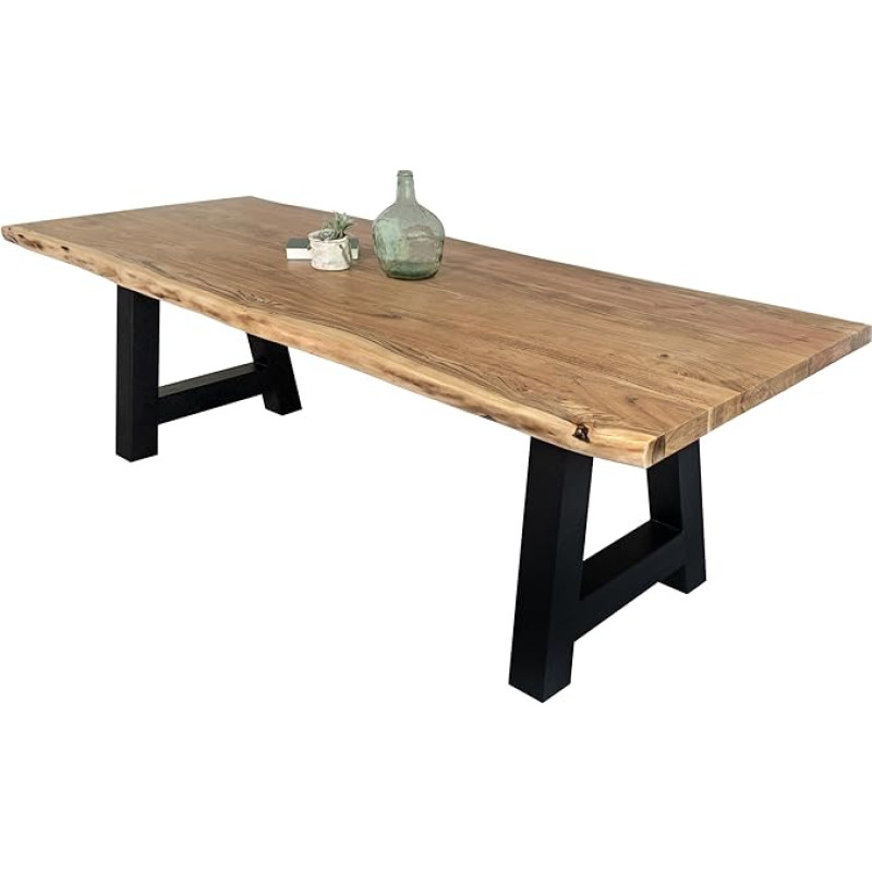 SAM Cali Dining Table 240 x 100 cm Natural Coloured Acacia Wood A-Frame Metal Black Double Edges 25 + 25 mm