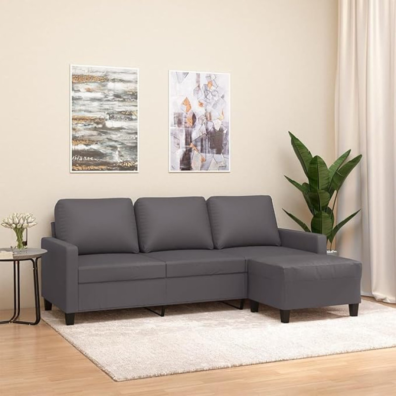 ZEYUAN 3201026 3-Seater Sofa with Stool, Grey, 180 cm, Faux Leather, Sofas & Couches, Sofa Living Room, Sofa for Teenager's Room, Relax Sofa, Sofa for Bedroom, Upholstered Sofa