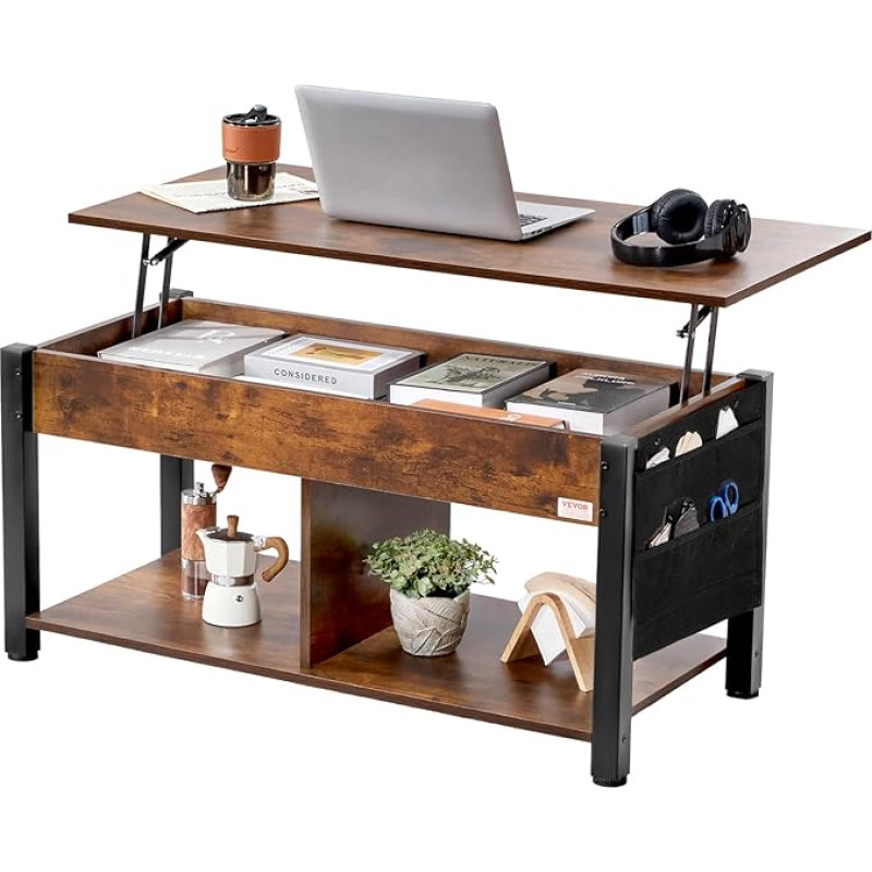 VEVOR Coffee Table with Lift Top, 106 cm Rectangular Side Table, Sofa Table, Coffee Table with Additional Storage Pockets, Open and Hidden Storage Space, Living Room, Brown