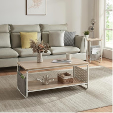[en.casa] Dyrøy Coffee Table with Shelf, Sofa Table with Side Fabric Pocket, Steel and Wood, Rectangular Coffee Table, 100 x 50 x 43 cm, White/Oak