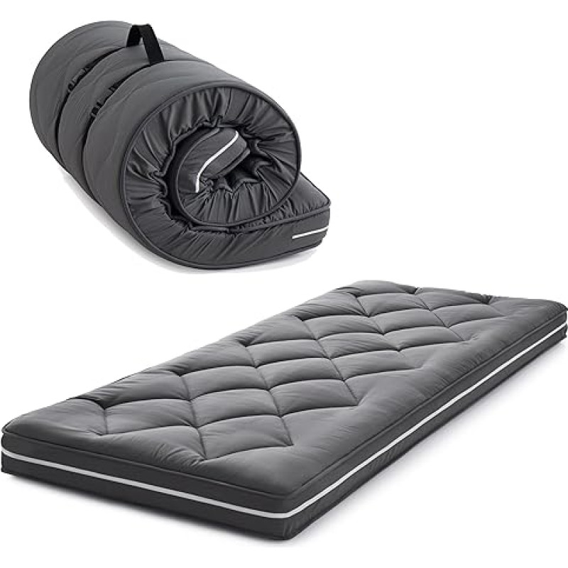 Jamdok Single Roll Up Floor Mattress, Memory Foam Folding Mattress Topper, Machine Washable Cover, Sleeping Mat, Portable (190 x 97 x 10 cm), Grey