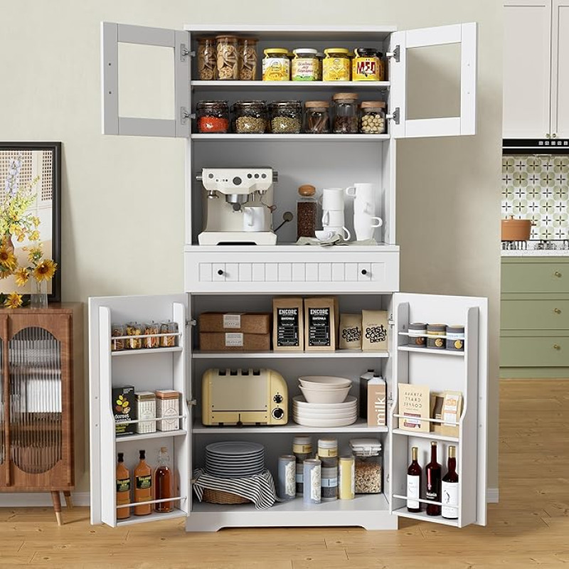 MSFE Kitchen Cabinet with Work Surface, Tall Cabinet Kitchen Buffet Display Cabinet with Drawers, Door Storage Shelf, Tilt Protection, Buffet Cabinet, Sideboard, Dining Room Cabinet for Living Room