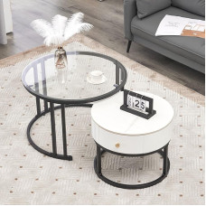 Modern Round Marble Coffee Table, Set of 2, Side Table, Set of 2 with Glass and Marble Slate Top, Solid Wood Drawers, Sofa Table, Coffee Table, for Living Room, Bedroom, 70 x 70 x 45.5 cm