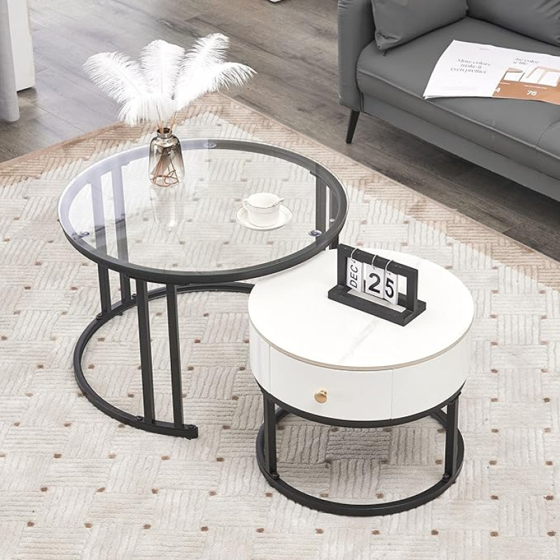 Modern Round Marble Coffee Table, Set of 2, Side Table, Set of 2 with Glass and Marble Slate Top, Solid Wood Drawers, Sofa Table, Coffee Table, for Living Room, Bedroom, 70 x 70 x 45.5 cm