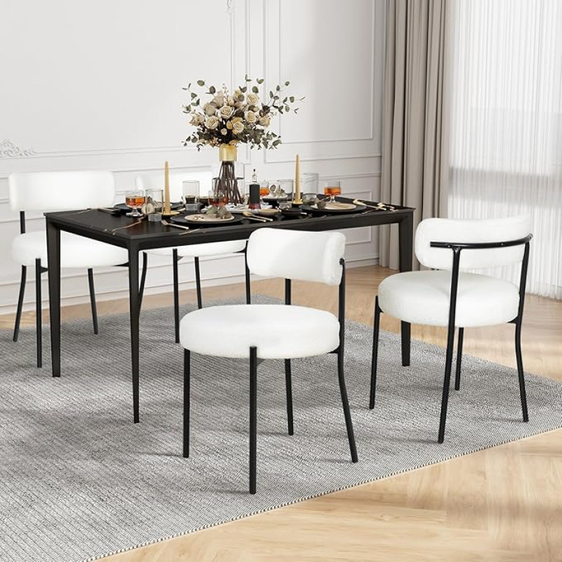 YU YUSING Set of 4 Dining Room Chairs with Backrests Teddy Fabric, Upholstered Chairs Kitchen Chairs Dining Room Set of 4 with Metal Legs for Kitchen Living Room Bedroom Modern Retro Design White