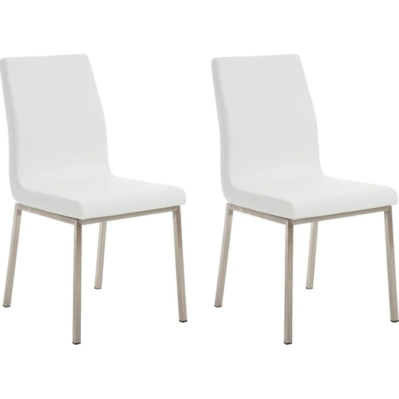 CLP Set of 2 Colmar Dining Room Chairs with Easy-Care Faux Leather Seat, Padded Recliner Chairs with Stainless Steel Frame, Colour: White