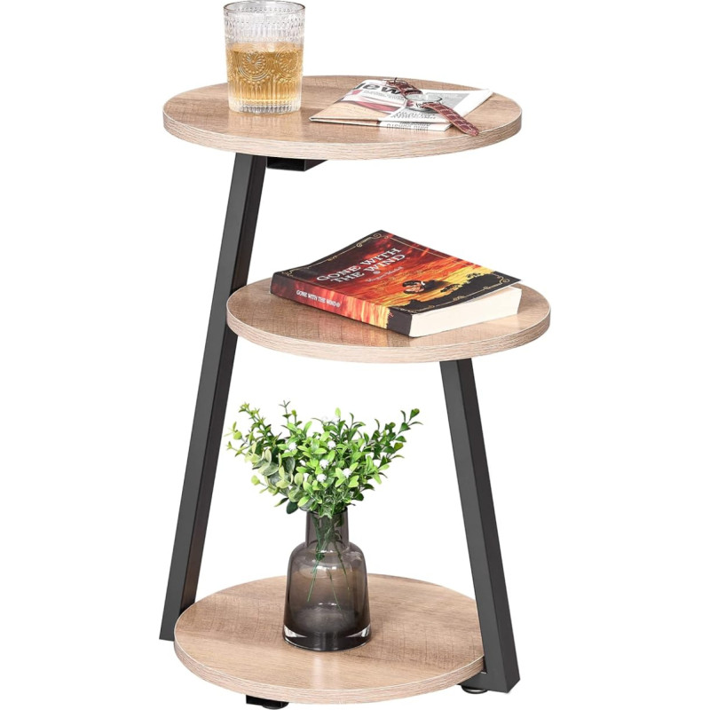 BEWISHOME Greige KTZ41G Round Side Table with Metal Frame, Accent Table, Bedside Table with 3-Tier Shelves, Small Coffee Table for Living Room, Bedroom, Greige