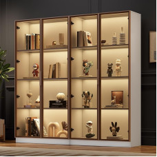 Lexiou Set of 2 White Glass Display Cabinets with 16 Colour LED Lighting, Display Cabinet with Double Doors and Movable Shelves, Tall Cabinet for Living Room, Freestanding Cabinet
