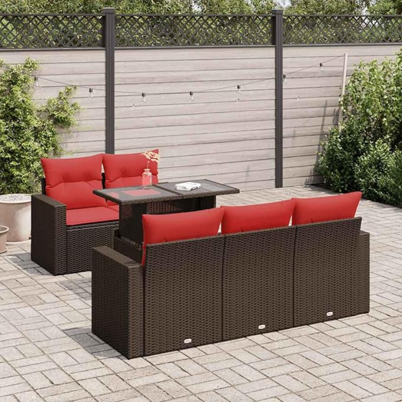 Rantry 6-TLG. Garten-Sofagarnitur mit Kissen Braun Poly Rattan Akazie Gartenlounge Model3326255
