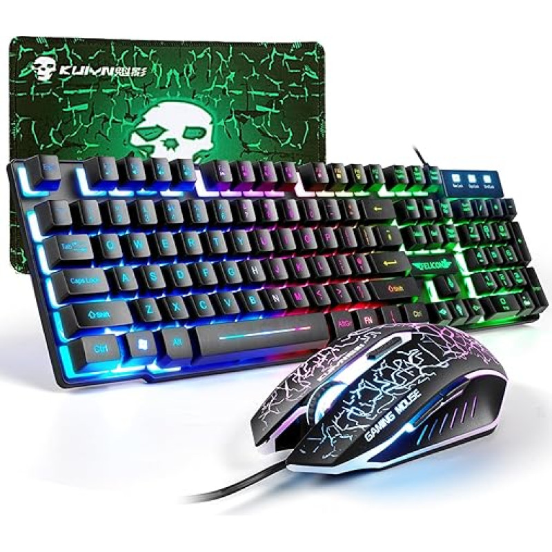 Gaming Keyboard and Mouse Set, 104 Keys Rainbow Backlit QWERTY UK Layout Keyboard + 2400 DPI 4 Buttons Breathing Mouse + Mouse Pad Combo, USB Cable Compatible with PS4 Xbox (Need Adapter) Black
