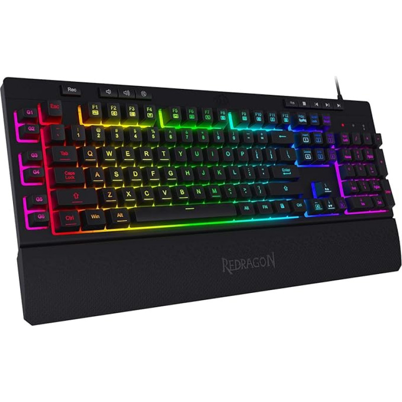 Redragon K512 Shiva US Layout Membrane Gaming Keyboard, RGB Lighting, Programmable G Keys, Multi-Media Controls, Integrated Wrist Rest, QWERTY Layout