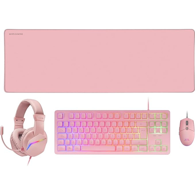 MARSGAMING MCP-RGB3 Pack Gaming Keyboard Fixed RGB + Gaming Mouse RGB Flow 3200 DPI + Headset Over-Ear RGB + XXL Mousepad, Pink, Spanish Language