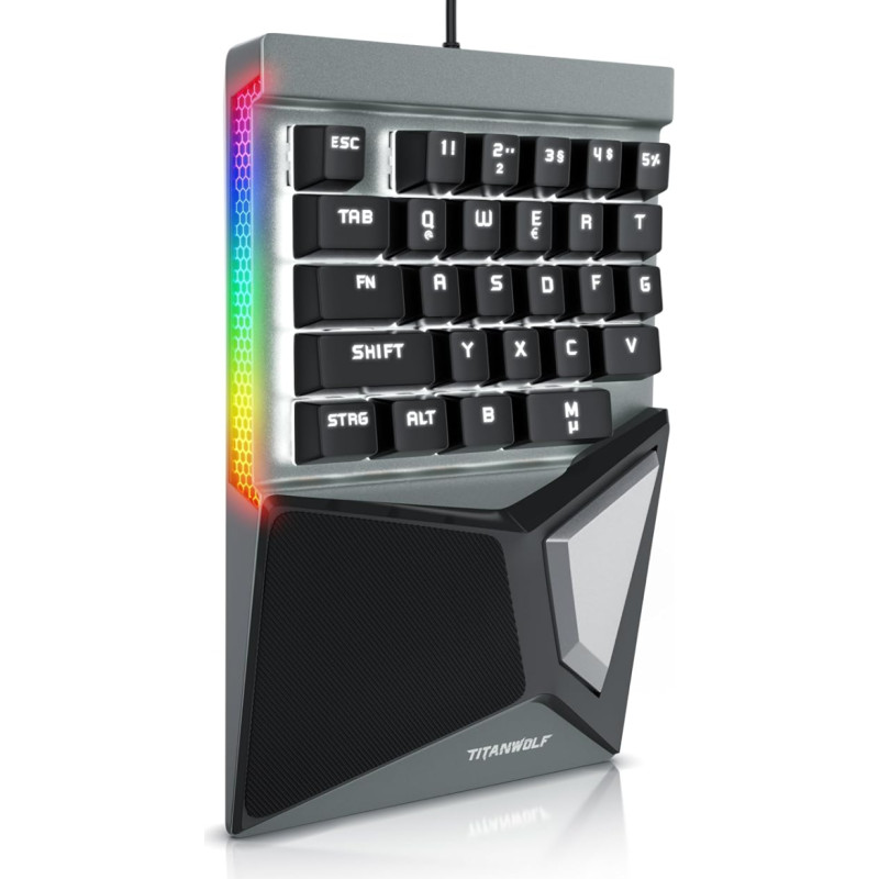 Titanwolf Single-Handed Gaming Keyboard, Gaming Keypad Numeric Keypad, Mechanical One-Handed Keyboard Wired with 28 Keys and Ergonomic Wrist Rest for PC, Laptop, Notebook, Black