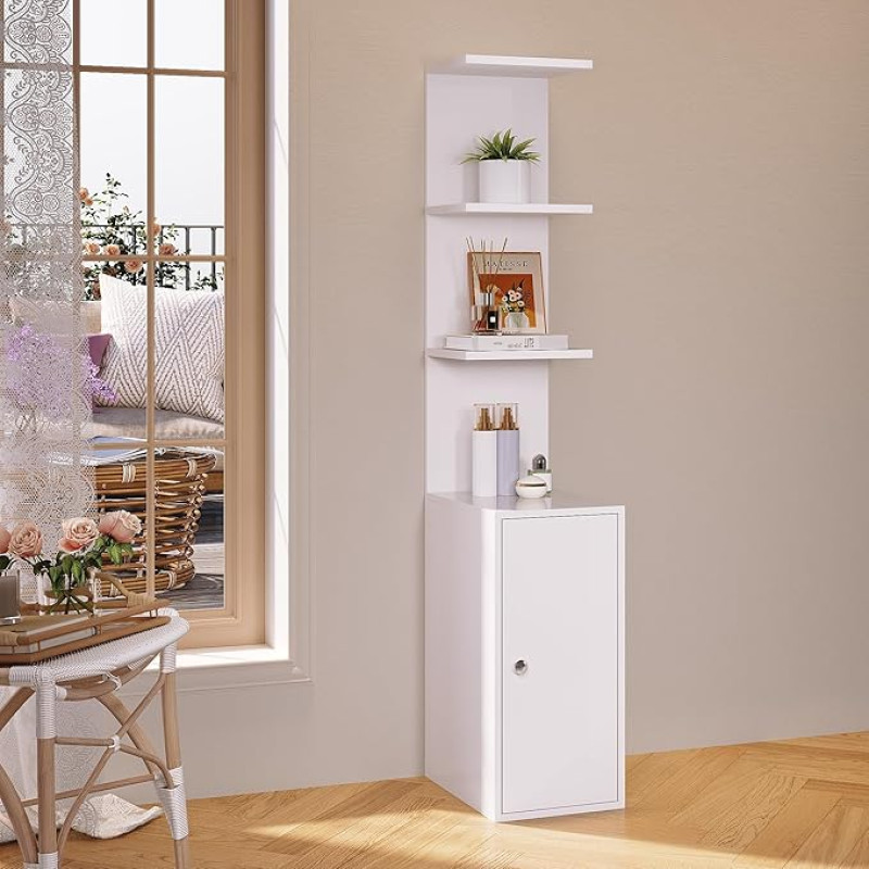 SONNI Standing Shelf, Bookcase, 3-Tier with Cupboard Compartment, Make-Up Table, Shelf, Kitchen Shelf, 160 cm High, Free Standing for Cosmetics, Books, Ideal for Living Room, Bathroom & Office, White