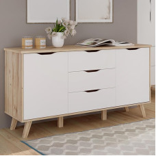Forte VANKKA Chest of Drawers 150, Modern Chest of Drawers with 3 Drawers and 2 Doors, Wood Composite, Planked Oak Decor/White, 149.4 cm Wide, 76.7 cm High, 42 cm Deep
