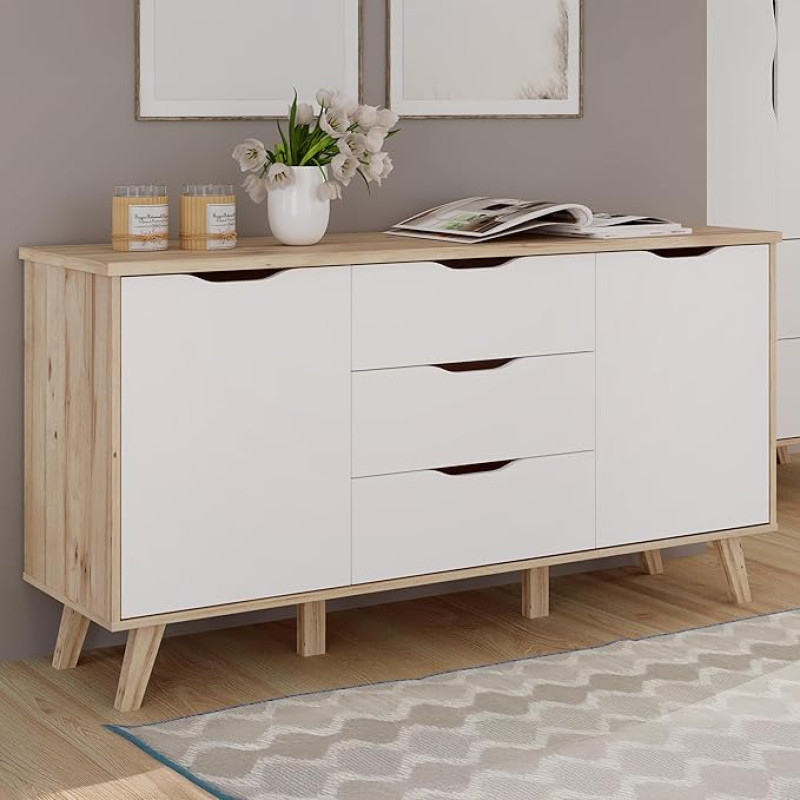 Forte VANKKA Chest of Drawers 150, Modern Chest of Drawers with 3 Drawers and 2 Doors, Wood Composite, Planked Oak Decor/White, 149.4 cm Wide, 76.7 cm High, 42 cm Deep