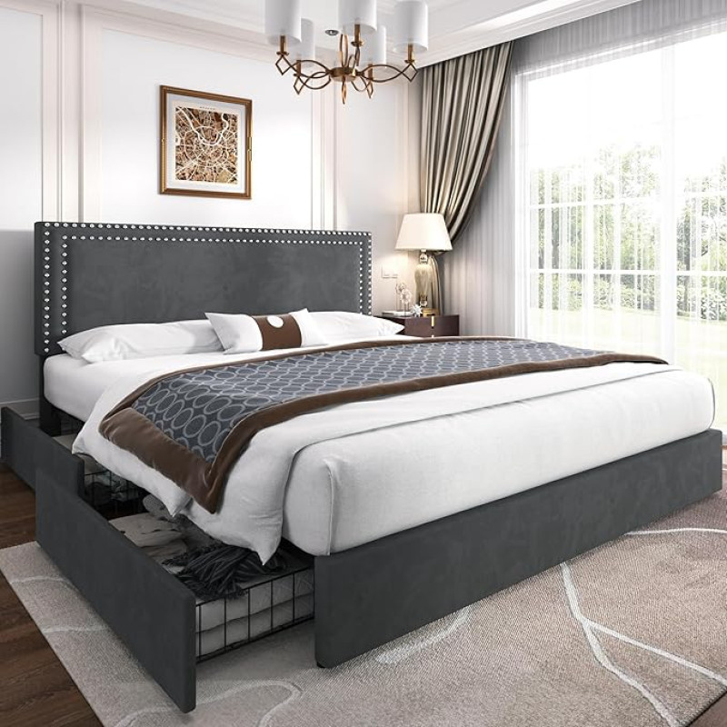 VECELO Upholstered Bed 140 x 200 cm, Double Bed with 4 Drawers and Height-Adjustable Headboard, Bed Frame with Slatted Base, Padded Bed Frame, No Box Spring Required, Velvet, Without Mattress, Grey