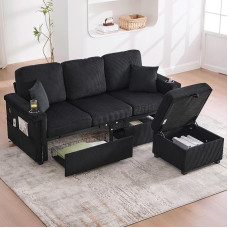 Corner Sofa 3-Seater with Storage Drawers, 194 cm L-Shape Sofa with Footstool/Drink Holders/Side Pockets, Modular Couch with LED Lighting/USB-C Ports for Living Room, Bedroom, Black Cord