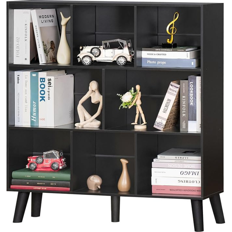 YAHARBO 8 Cube Bookcase, 3 Tier with Legs, Modern Mid Century Bookcase, Large Free Standing Open Storage Shelf, Tall Wooden Bookcase for Bedroom