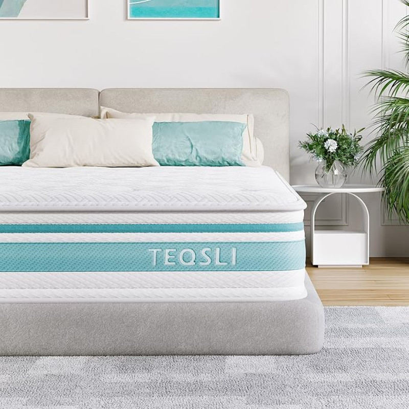 TeQsli Double Mattress, 135 x 190 x 25 cm, Gel Memory Foam Hybrid 7-Zone Pocket Spring Mattress, Medium Firm for Back Pain Relief, 135 x 190 x 25 cm
