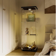 Glass Display Cabinet, Living Room Cabinet with LED and Lock, Collector's Cabinet with Doors and 3 Shelves, Display Cabinet for Bar, Living Room and Dining Room, Tempered Glass, 42 x 36 x 125 cm