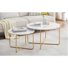 GOKHOMX Set of 2 Round Marble Effect Side Table with Gold Metal Structure Round Side Table Modern Living Room Table Suitable for Living Room Bedroom Balcony Load 30kg