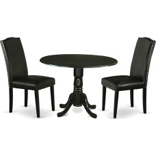 East West Furniture DLEN3-BLK-69 3-Piece Dining Furniture Set Includes Round Dining Table with Dropleaf and 2 Black Faux Leather Upholstered Chairs, 42