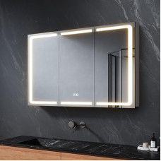 SVNR Bathroom Mirror Cabinet, 100 x 60 x 13 cm, Bathroom Cabinet with 3 Glass Doors, 3 mm Copper-Free Cosmetic Mirror, Adjustable Shelves, Stainless Steel, Anti-Fog, Socket (Silver)
