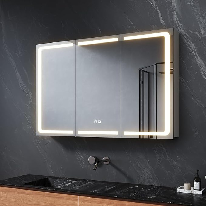 SVNR Bathroom Mirror Cabinet, 100 x 60 x 13 cm, Bathroom Cabinet with 3 Glass Doors, 3 mm Copper-Free Cosmetic Mirror, Adjustable Shelves, Stainless Steel, Anti-Fog, Socket (Silver)