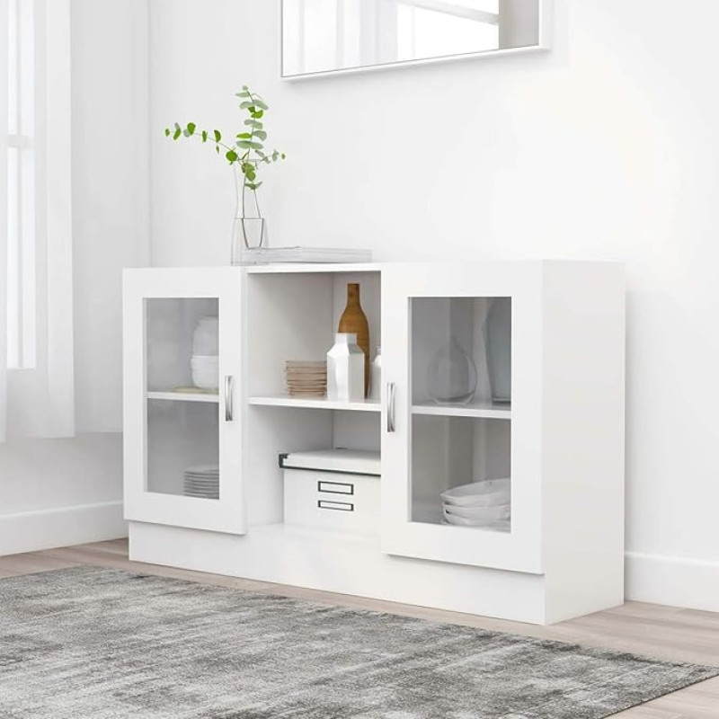 Tidyard Standing Display Cabinet Glass Display Case Book Cabinet Living Room Cabinet Chest of Drawers Sideboard White 120 x 30.5 x 70 cm