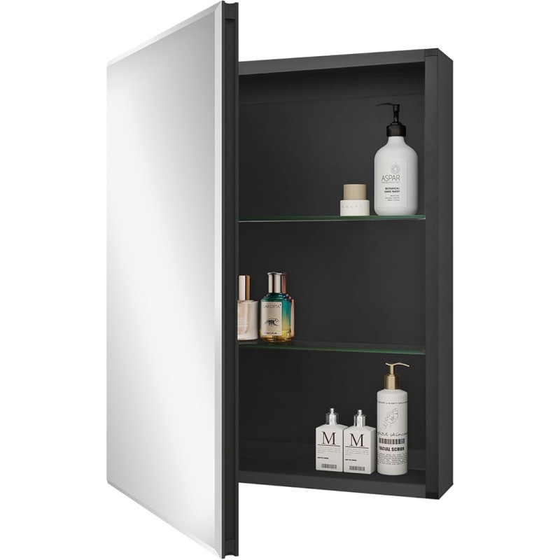 Fundin Bathroom Mirror Cabinet, 20 x 26 Inch, Recessed or Surface Mounted, Black Aluminum Bathroom Wall Cabinet with Mirror and Adjustable Shelves.