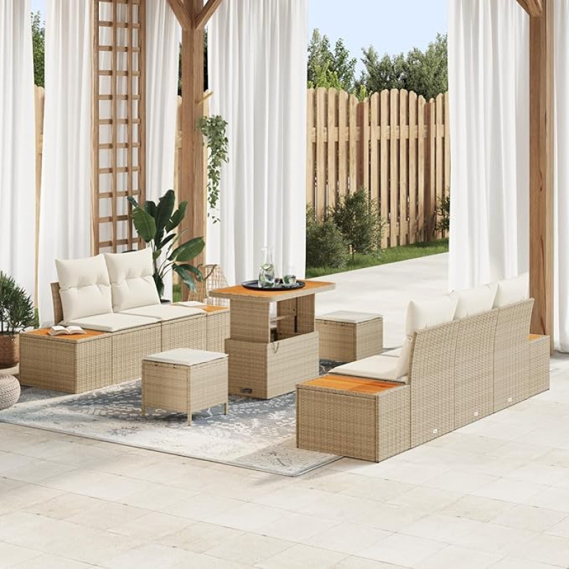 Rantry 8-teiliges Garten Sofa Set mit Kissen Beige Poly Rattan Akazie Gartenlounge Model3364811