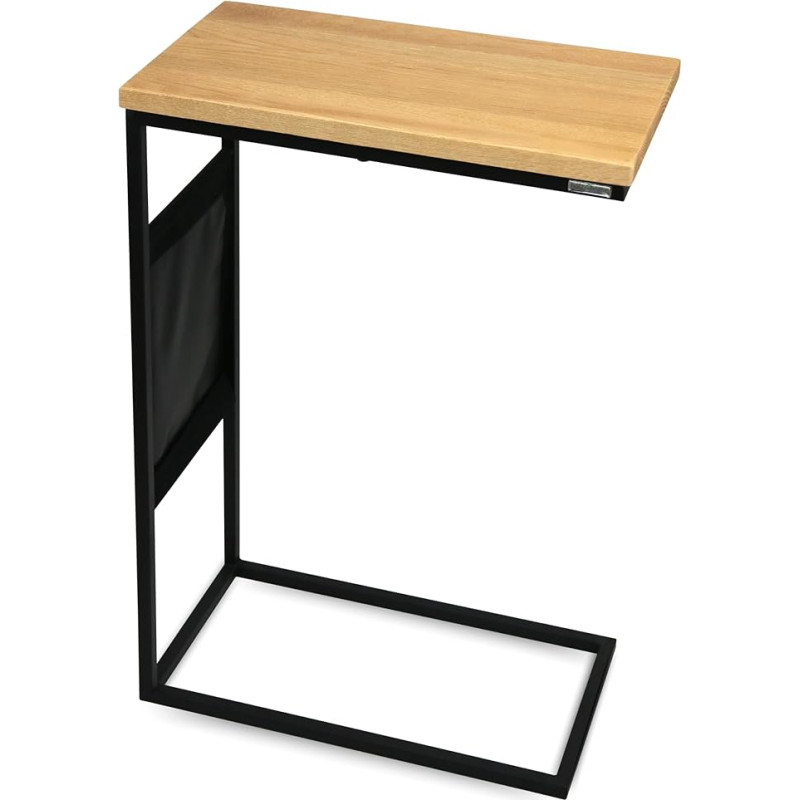 holz4home® Side Table in C-Shaped Oak I 46 x 25 x 67 cm I Table with Side Pocket (Alloy Steel) (Solid Oak Wood)