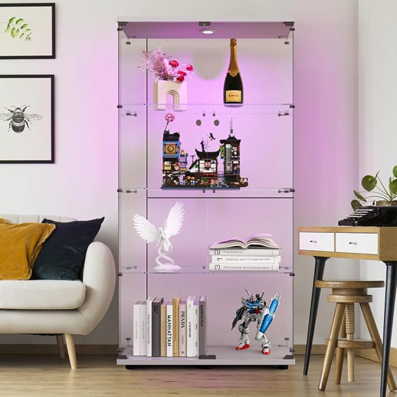 FOERPL LED Display Cabinet, Glass Display Cabinet for Collection with 2 Doors, Glass Display Cabinet, 4 Levels, Cabinet Display Cabinet with Lock, Display Cabinet, Furniture for Living Room, Bar (2