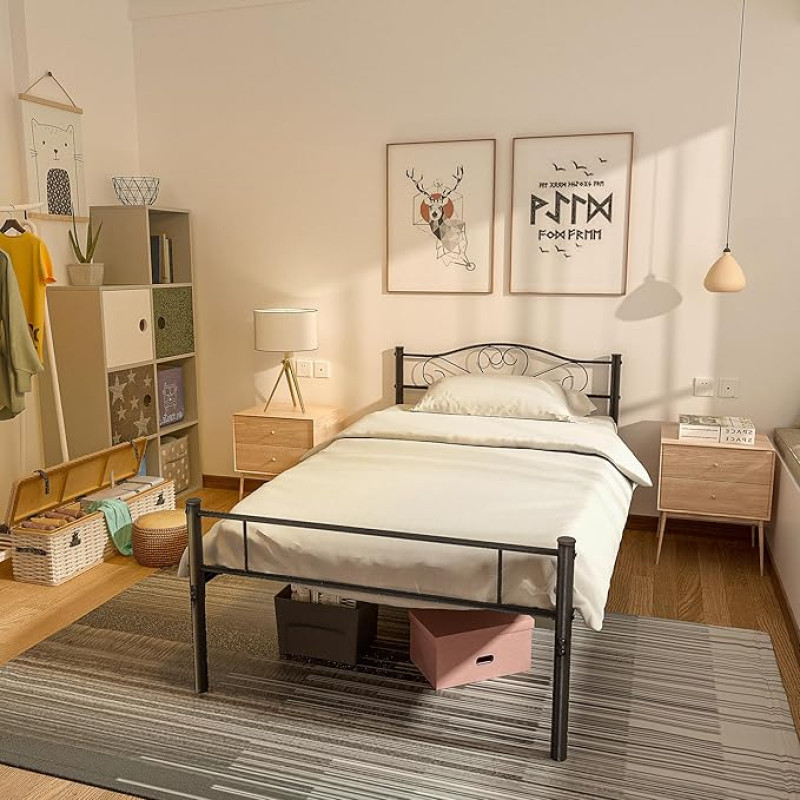 VECELO Single Bed Frame Easy Fit Metal Mattress Base with Headboard and Footboard No Box Spring Required and 35cm Storage Space