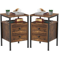 PIPIPOXER Set of 2 Side Tables with Charging Station, Sofa Table with 2 Drawers and USB Port and Socket, Bedside Table for Small Spaces, Stable and Robust, Bedside Table for Living Room, Dark Brown