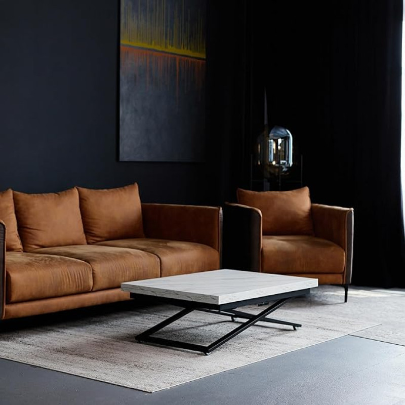 LARGO Rectangular Coffee Table with Height Adjustment, Multifunctional Living Room Table, Height-Adjustable Coffee Table, Transforms into Dining Table, Functional Coffee Table, Transformer (White