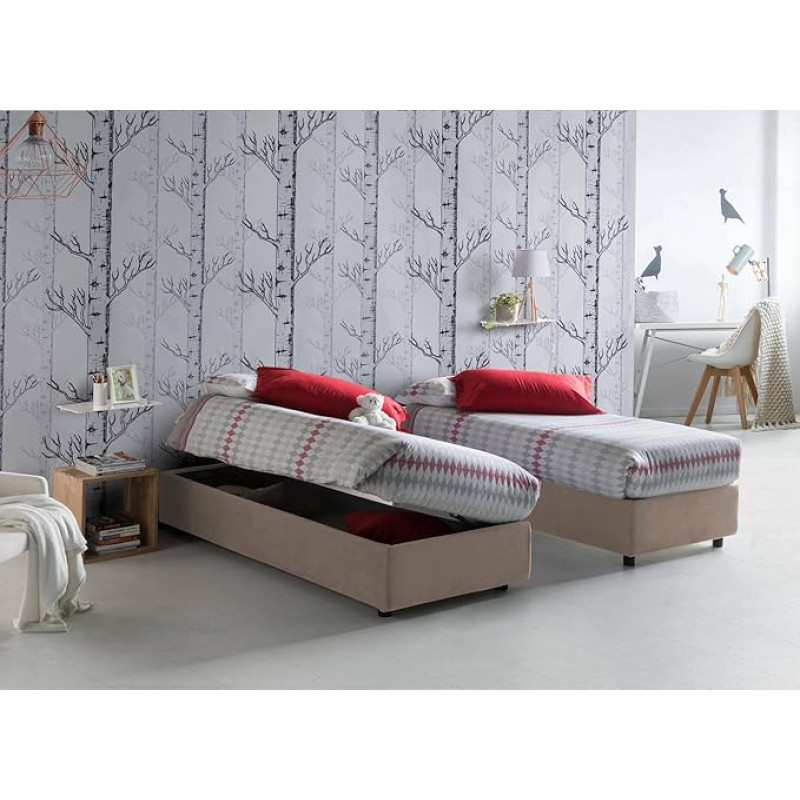 Talamo Italia - Melissa Single Bed with Fabric Cover, 100% Made in Italy, Side Opening, Suitable for Mattress 80 x 190 cm, Taupe