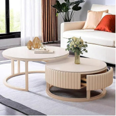 HRXQ Coffee Table Set of 2 Round Living Room Table Side Table White Sofa Table with Storage Space 50 cm + 70 cm Round Coffee Table for Bedroom Living Room