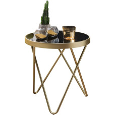 Wohnling Side Table 42 x 46 x 42 cm Round Black / Matt Gold Living Room Table Modern Glass Table Metal Frame Small Sofa Table Round Metal Table