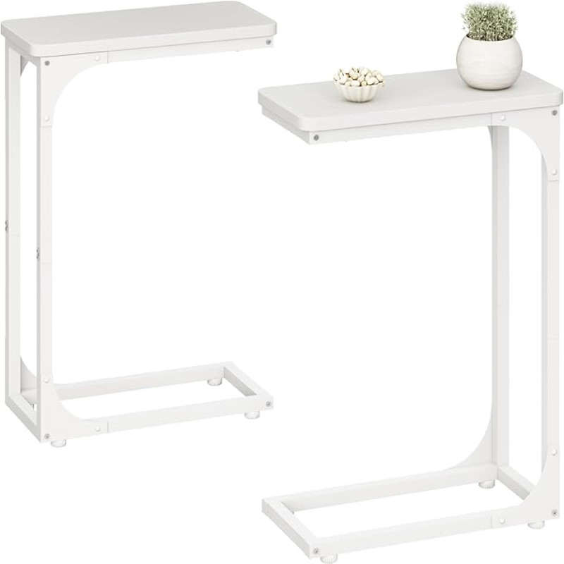 QEEIG White Narrow C Shape Side Table Set of 2 Narrow End Table Coffee Tables Living Room Sets Skunny Thin Small Modern 7